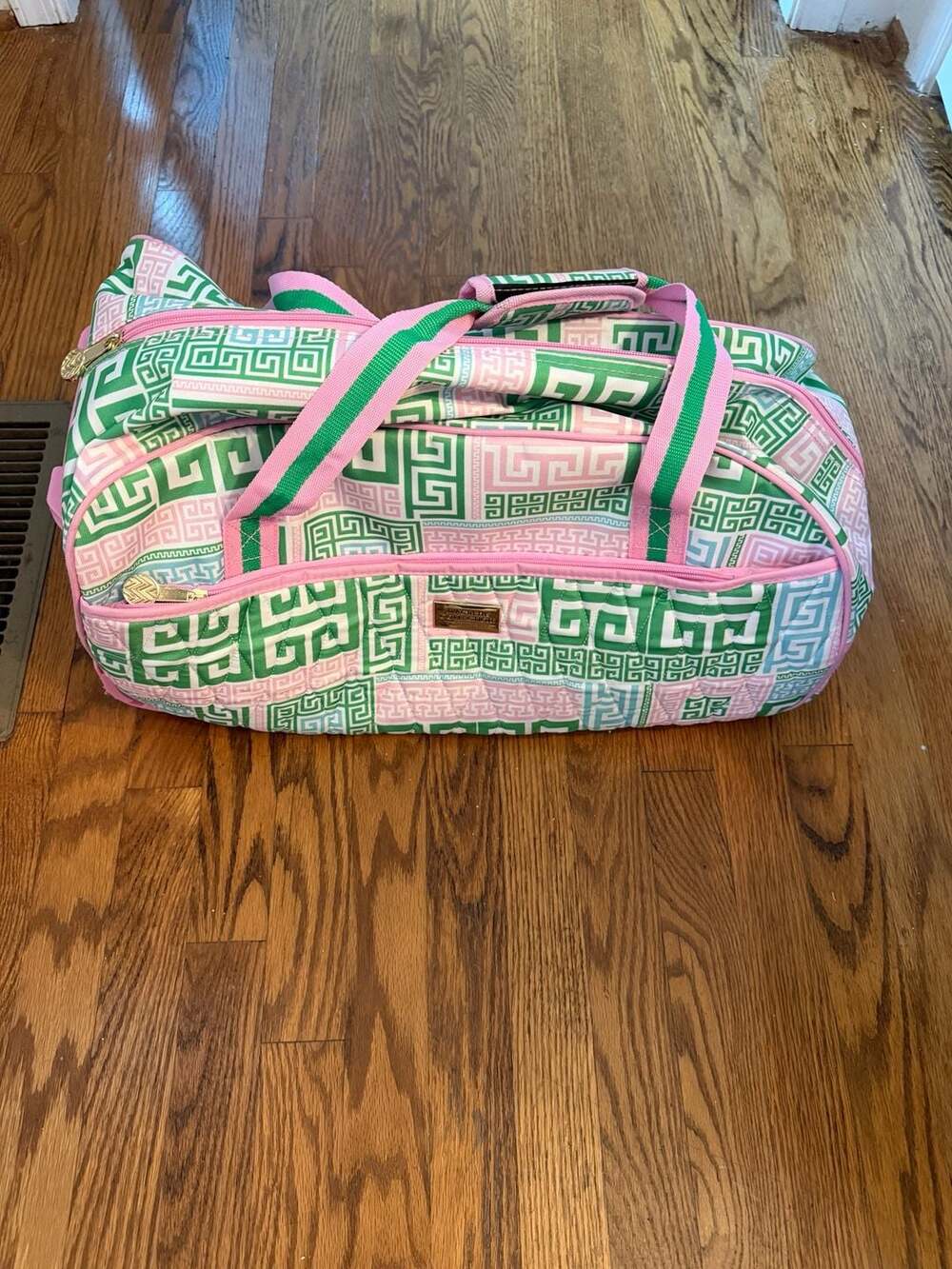 MacBeth Collection Rolling Duffle Bag Pink Green Greek Key Sz 24 x 12